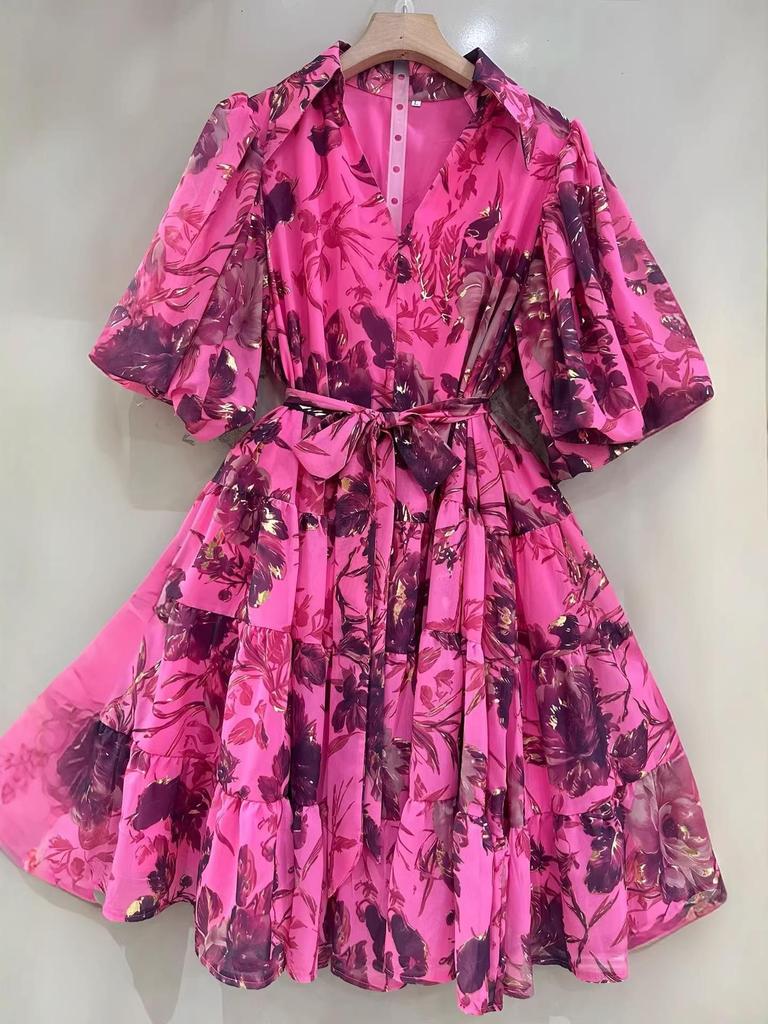 Elegant V-neck Puff Sleeve Belted Dress with Cinched Waist in New Style, Available Now