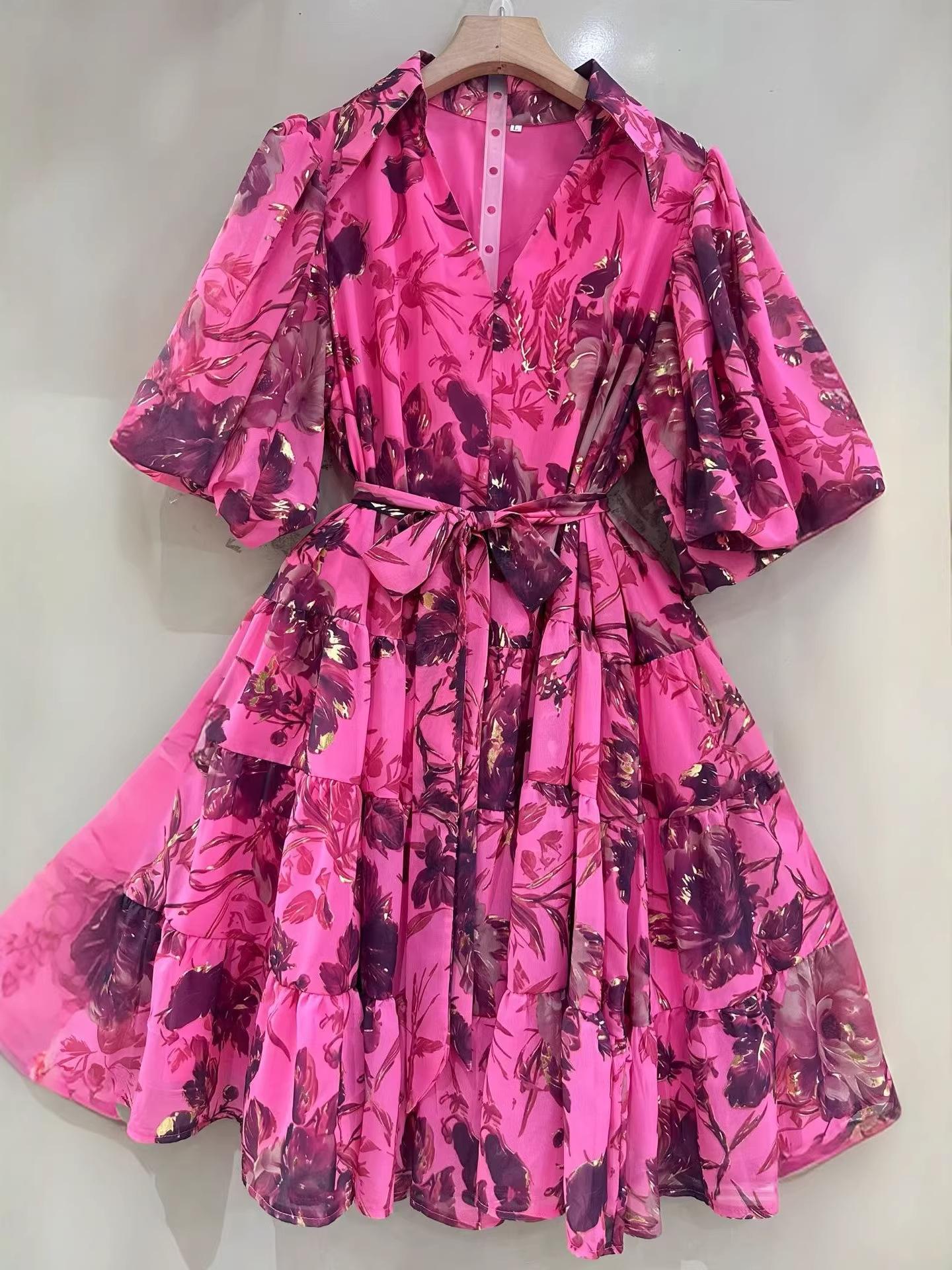

Elegant V-neck Puff Sleeve Belted Dress with Cinched Waist in New Style, Available Now Small роза розовый