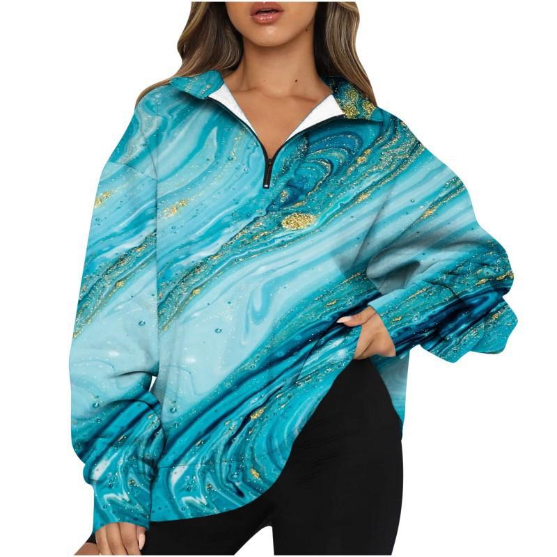 2025 Women's Printed Top Half-zipper Pullover Long-sleeved Sweatshirt Female