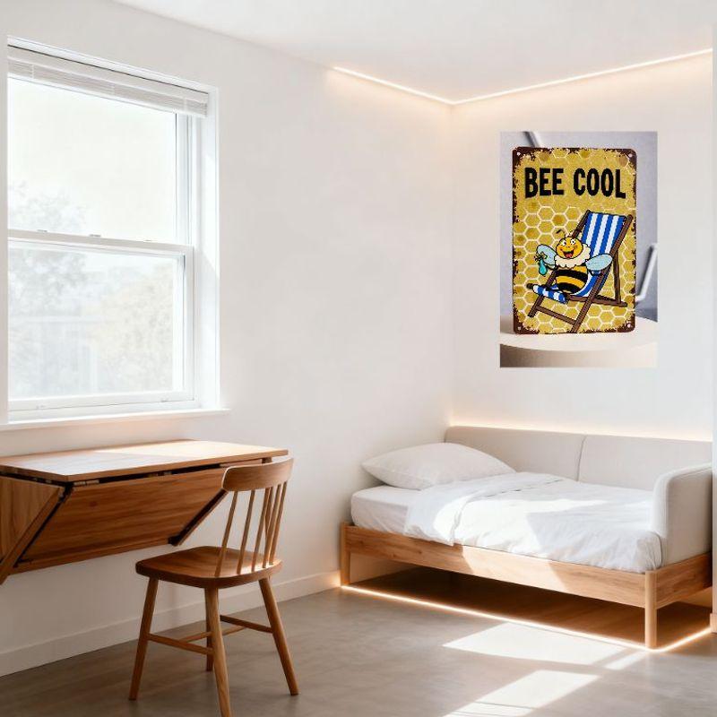 Vintage Bee Cool Metal Tin Sign, Weathered Yellow Honeycomb Pattern with Beach Chair Bee Decoration, Retro Rusty Border for Home