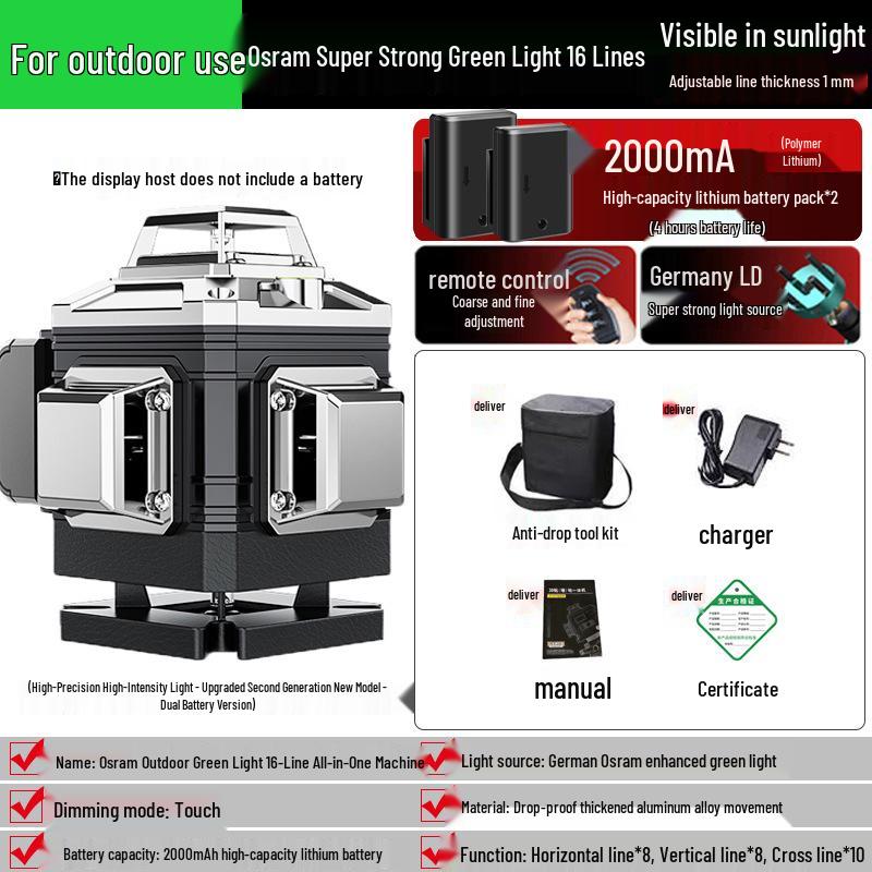 High-Precision Green Laser Level with 16 Lines for Wall and Floor Integration