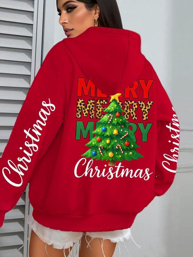 Merry Christmas Green Tree Print Women's Y2K Autumn Pocket Hoodie