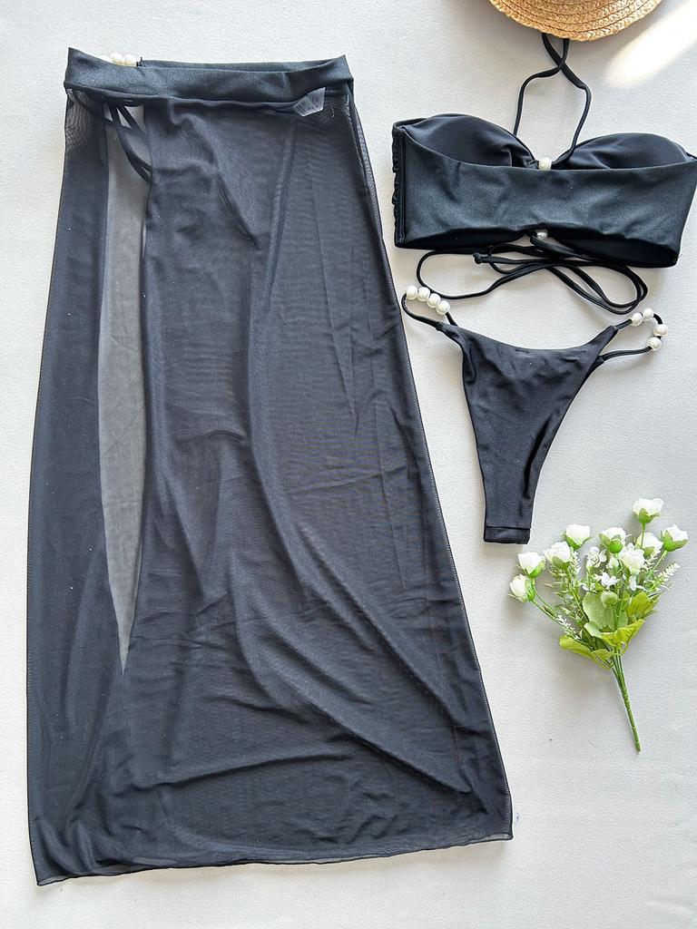 Nowy Seksowny Damski Strój Bikini Halter Wiązany Koronkowy Zestaw Spódniczek z Wysokim Stanem Damski Letni Strój Plażowy Trzyczęściowy Strój Kąpielowy