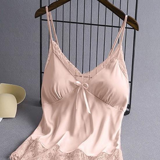 Women's Satin Pajamas Set Lace Cami Top And Shorts Two Piece Sleepwear with Built-in Bra Sexy Camisole Lounge Set