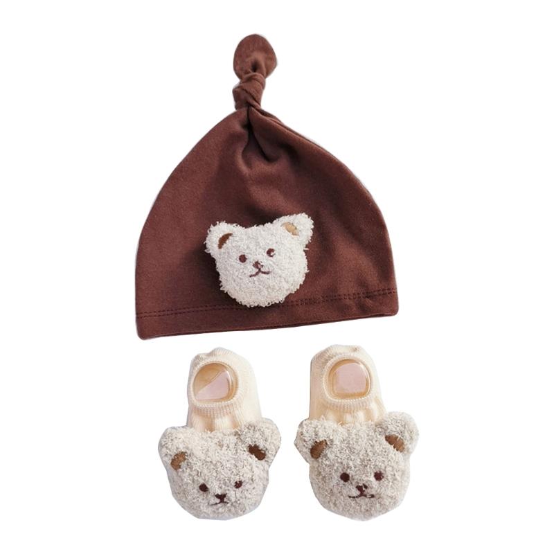 Winddichte Mütze und Bodensocken-Set für Säuglinge Niedliche Bär-Baby-Beanie-Mütze, Neugeborenen-Knotenmützen, Cartoon-Kleinkindermütze