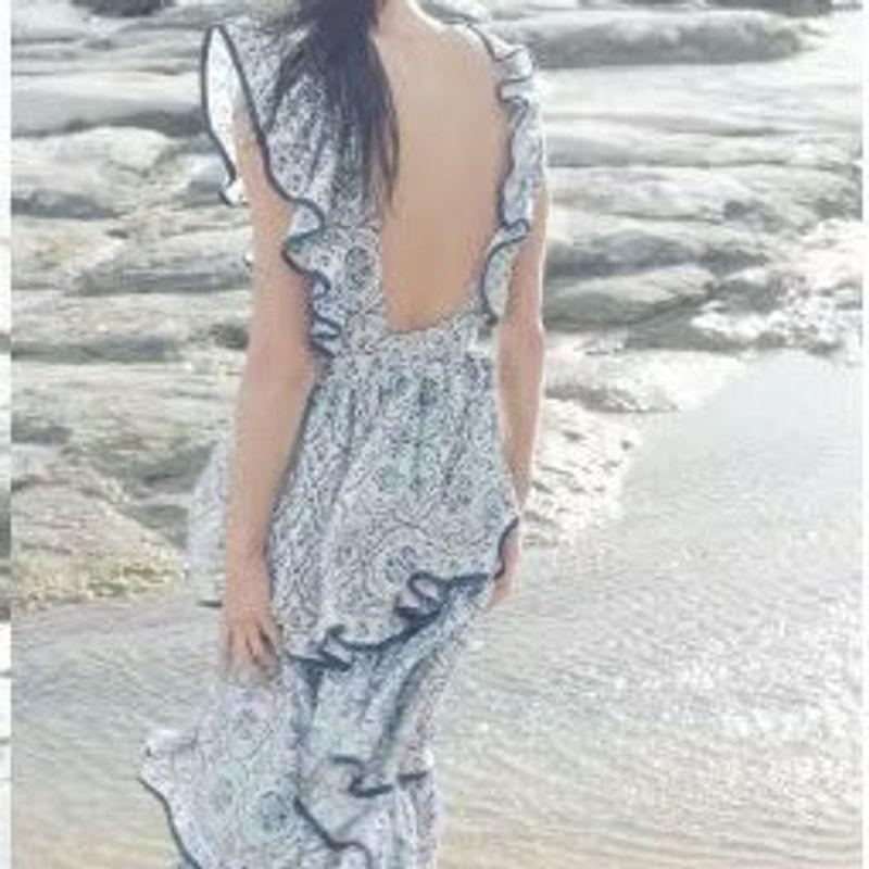 Zbzr Spring New Women Clothes Western Style Print Lotus Leaf Trim Sexy Backless Laminated Cake Skirt Long Dress