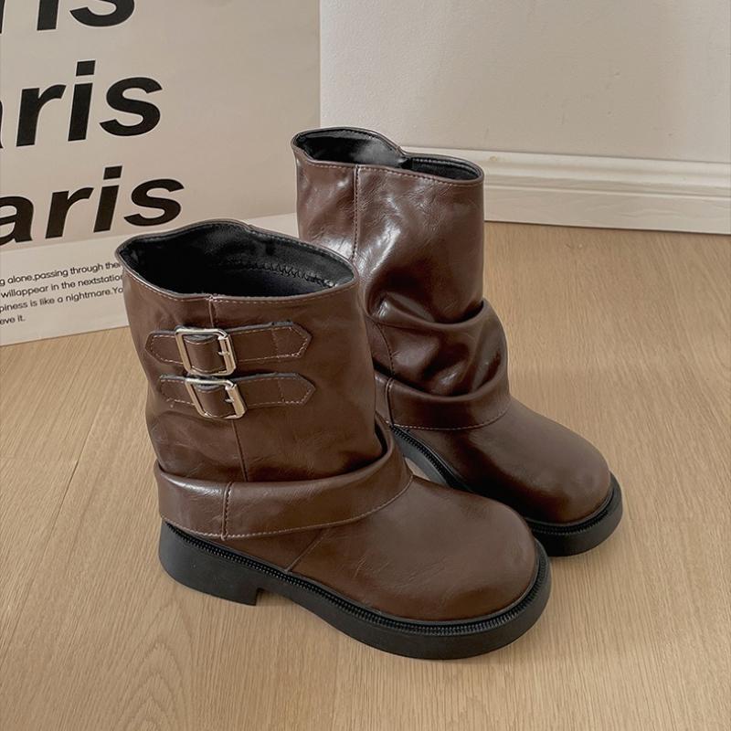 

Autumn Winter Belt Buckle Women Pipe Boots Fashion Height Increase Shoes Vintage Platform Thick Sole Ladies Knight Short Booties 35