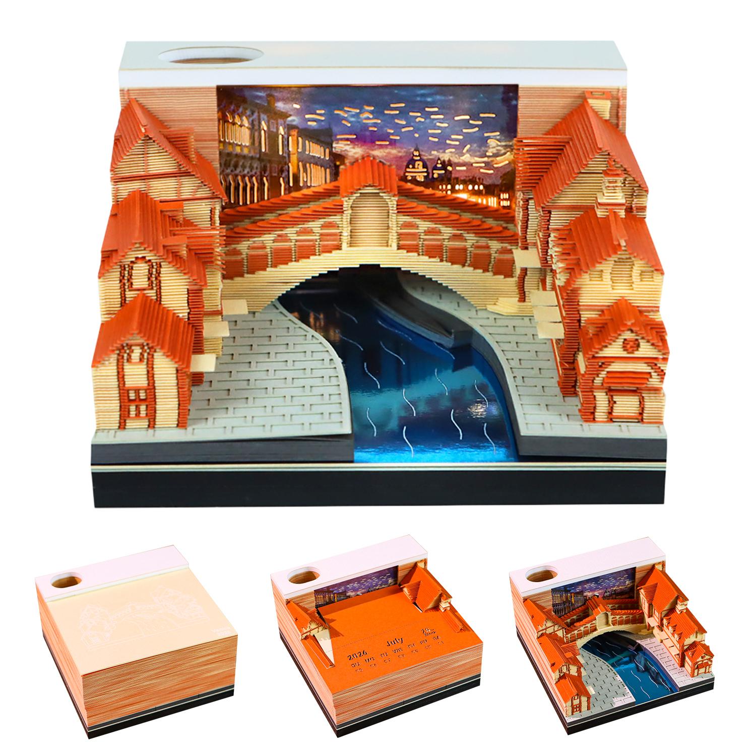 3D Miniature City Landmark Collectible Lighted Architecture Scene Venice Rialto Bridge Laser Carved Paper Art 8.9*8.9*4.8CM
