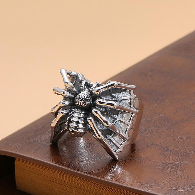 Vintage Gothic Spider Webs Lizard Animal Ring For Men Antique Silver Color Wide Opening Ring Punk Jewelry Party Gift