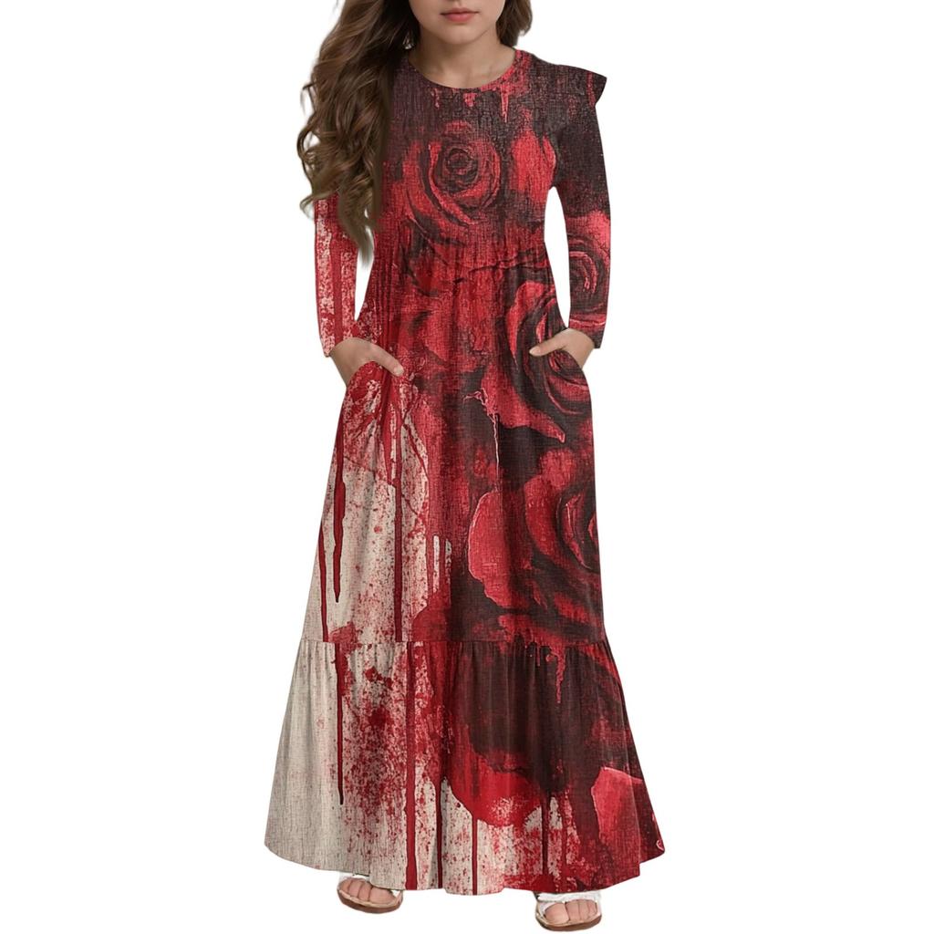 Mädchen Stufenkleid mit Rüschen Halloween Tag - Langärmeliges Maxikleid mit Druck und Taschen