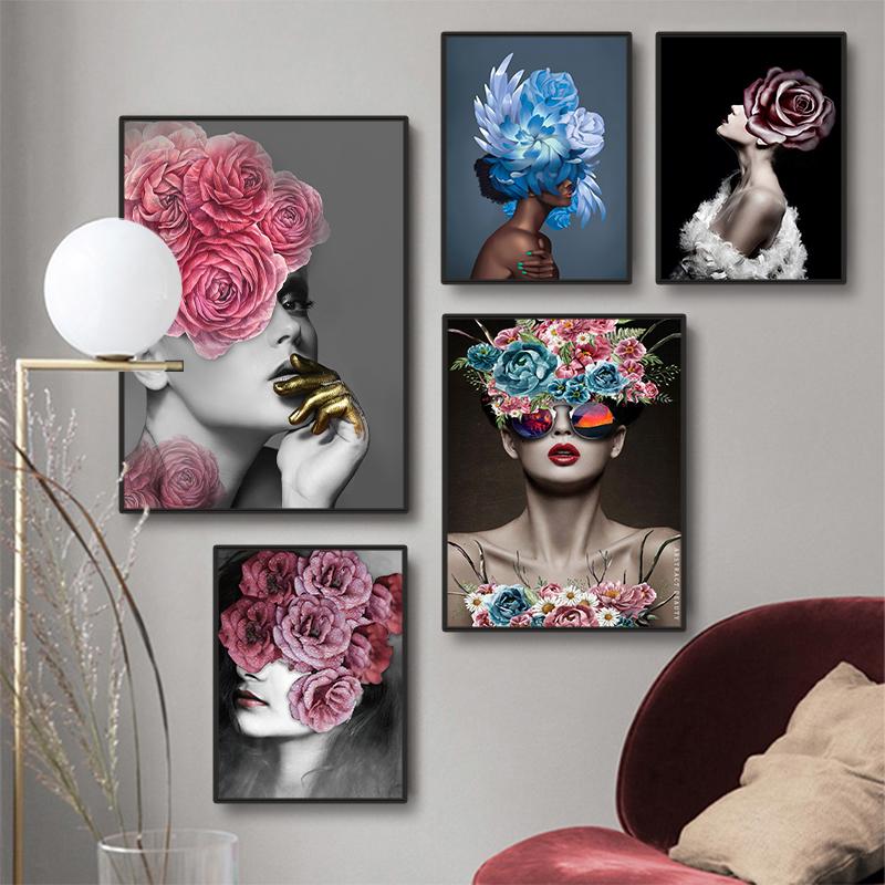 Nordic Style Home Decor Print Poster Wall Art Picture Flower On The Head With Gold Women Oil Painting On Canvas For Living Room