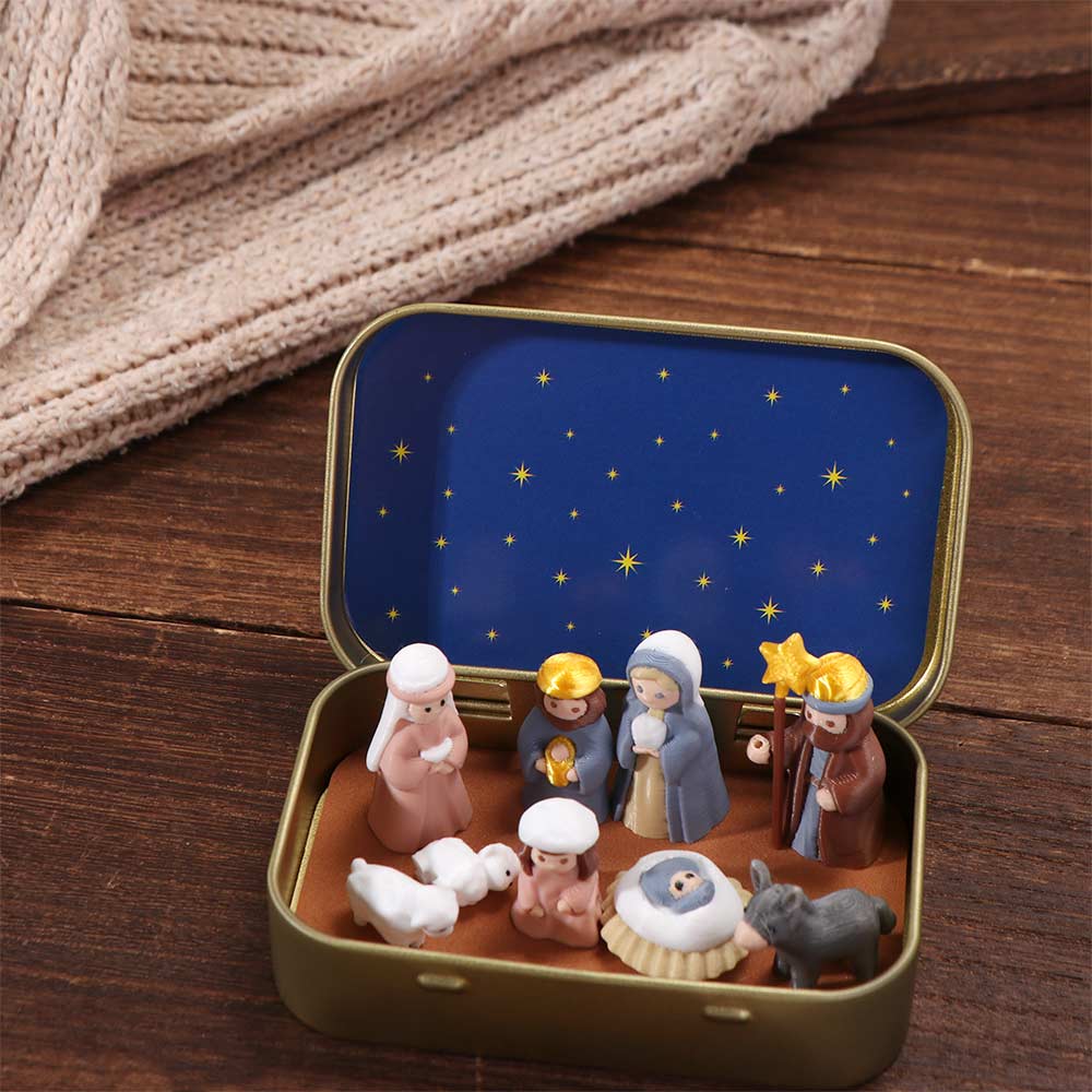 Metal Tin Box Mini Christmas Trough Set Holy Family Christmas Figurines  Indoor Display