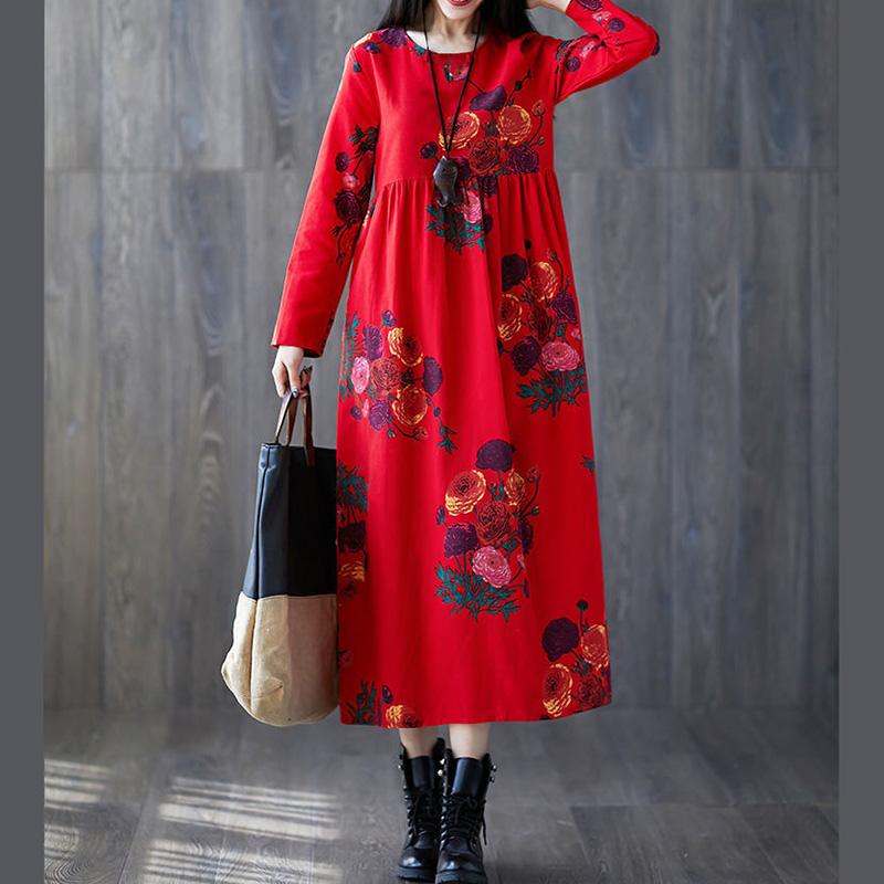 Ladies Spring and Autumn Long-sleeved Dress Retro Loose Large Size Ethnic Style Long Print New A-line Skirt