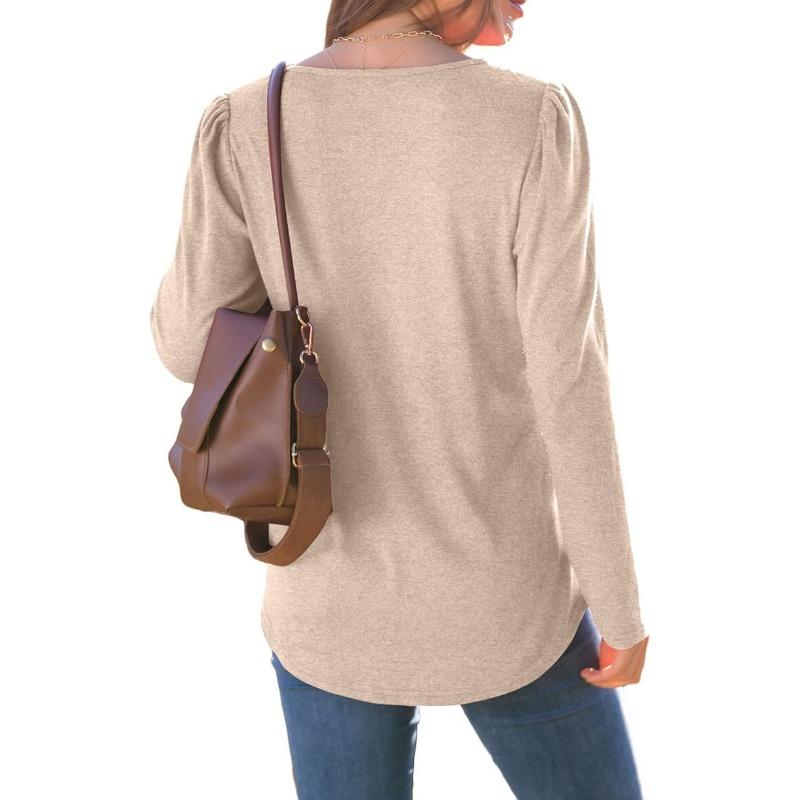 GMXIA Damenmode, lässig, Herbst und Winter, einfarbig, langärmelig, O-Ausschnitt, Blusen und Hemden