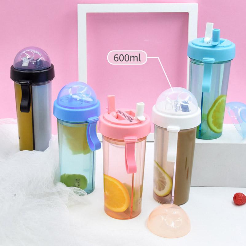 

Water Bottle for Children New 600ml Portable Dual Straw Separate Drink Water Plastic Beverage Leakage Proof Sports Couples Gift