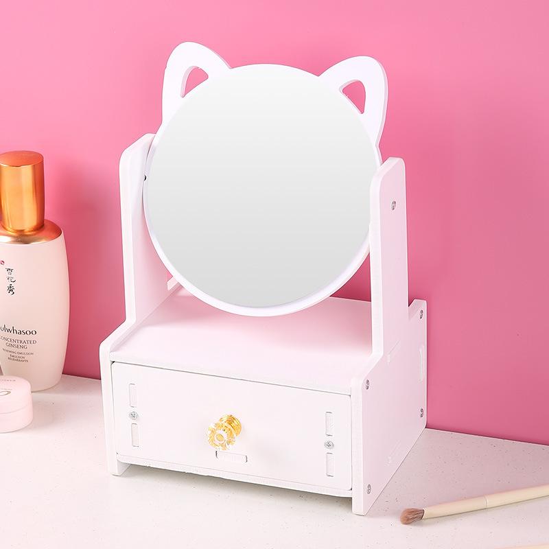 

Настольный ящик-органайзер для хранения косметики с круглым зеркалом для макияжа для туалетного столика, органайзер для ювелирных изделий и средств по уходу за кожей