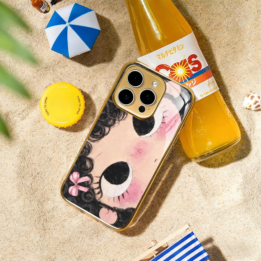 

Big-eyed cute girl cartoon design Phone Case For iphone 17 16 15 14 13 12 11Pro Plus Max Luxury Gold-plated glass Phone Case iPhone 12 Pro