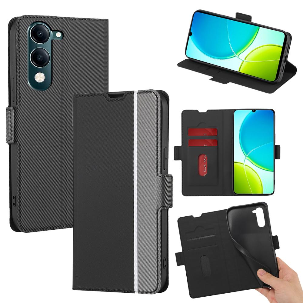 

For vivo Y29s 5G/Y04 4G Case Card Holder Twill Texture Leather Phone Cover Black