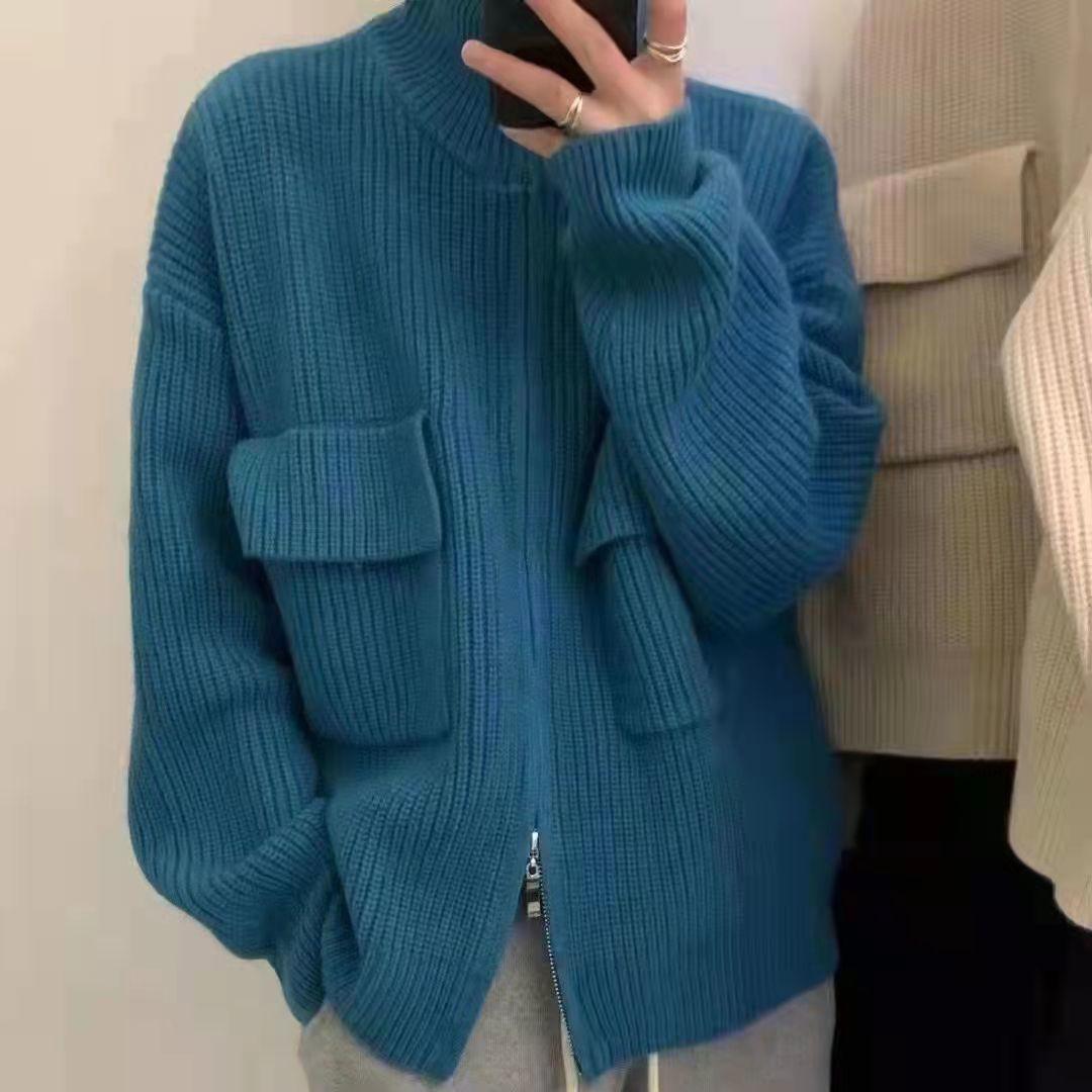 

Кардиган на молнии, новый свитер, женский осенне-зимний кардиган в японском стиле с небольшим ароматом, короткое пальто с высоким воротником, вязаный кардиган женский One Size темно-синий