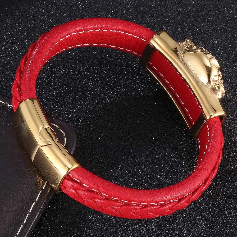 Nouveau Design Punk Couleur Or Animal Cuir Véritable Bracelet Homme Femme Acier Inoxydable Jonc Bracelet Bijoux