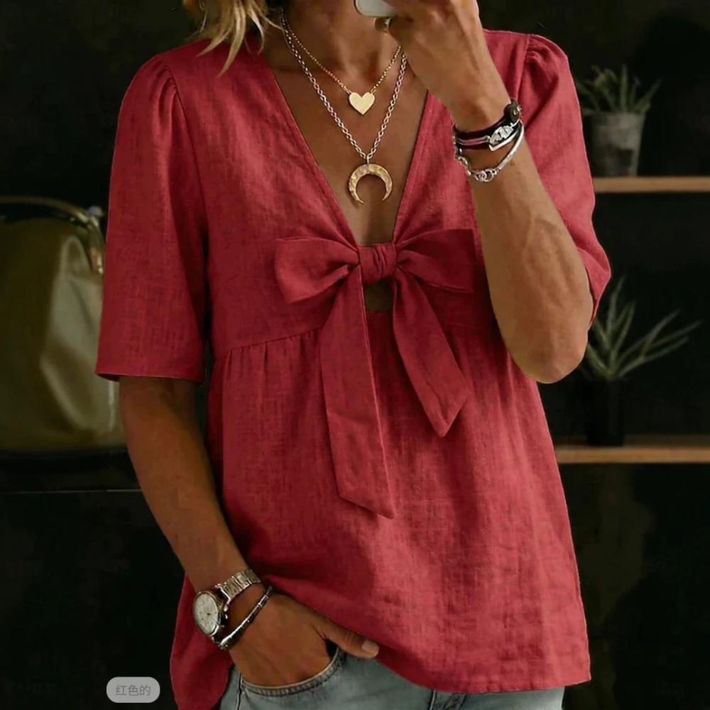 Women New Summer Fashion Loose Casual V-neck Tie Bow Blouse