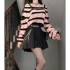[SDSXZWG] "Jirai-kei" (Landmine-style) Knit Sweater 2-Piece Set for Women: Off-Shoulder Striped Long-Sleeve Top and Solid Color Pleated Skirt (No Belt