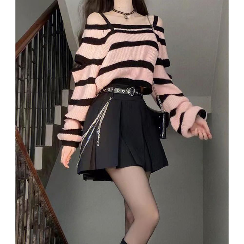[SDSXZWG] "Jirai-kei" (Landmine-style) Knit Sweater 2-Piece Set for Women: Off-Shoulder Striped Long-Sleeve Top and Solid Color Pleated Skirt (No Belt