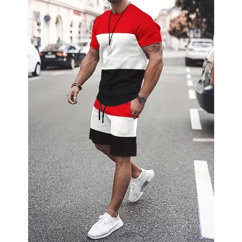 

Men s 3D Color Block Print T shirt Shorts Set Fashion Men Women T-shirts Two-Piece Outdoor Street Casual Sport Tracksuit Outfits 6XL