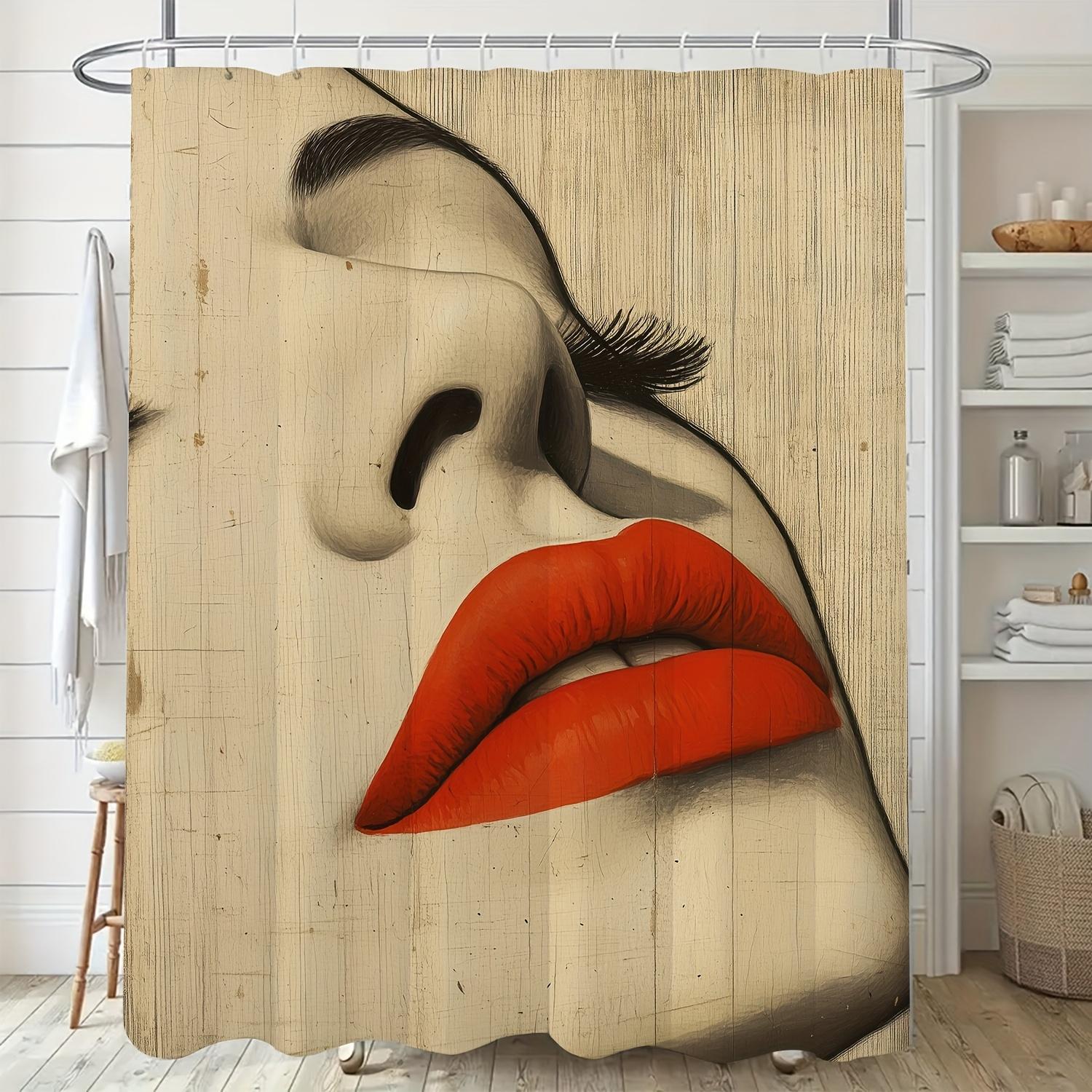 Modern Nordic-Inspired Shower Curtain - Bold Red Lips Art Print, Wooden Texture Background, Polyester, Washable, Includes Hooks W90xH180cm