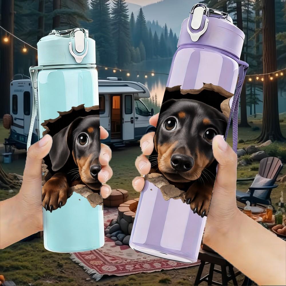1PC Long Body Dachshund Dog Pet Print 750ml Color Plastic Sports Water Bottle Leakproof Flip Straw Lid Suitable for Sports Office Home Use