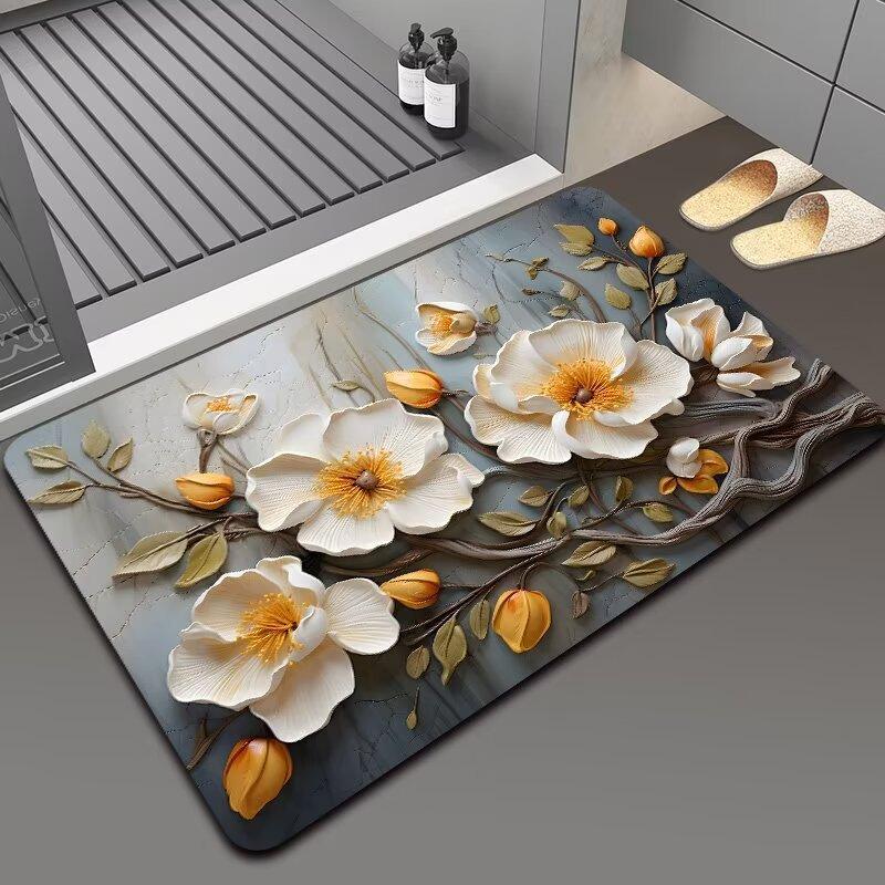 

3D Visual Oil Painting Flower Diatom Mud Floor Mat Bathroom Floor Mat Entrance Door Mat Bathroom Absorbent Foot Mat 50 * 80Cm