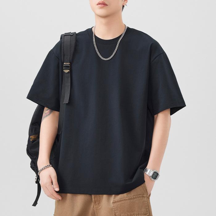 One Tone T-shirt Mens Short Relaxed Fit Versatile Round Neck Five-point Sleeves
