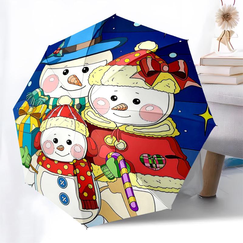 

1pc Christmas Snowman Family Automatic Opening/Closing Umbrella with Red Bow, Portable Folding Design, 8-Rib Iron Frame, Outdoor, Festive Gift for Fan
