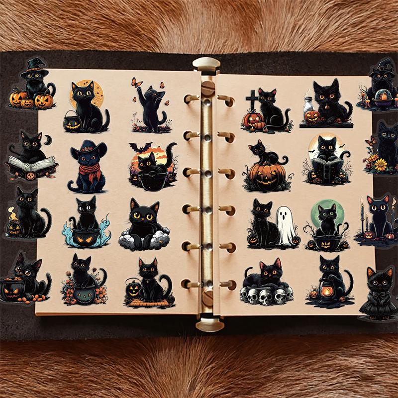 50PCS Halloween Black Funny Cat Stickers Horrible Pumpkin Sticker Animal Aesthetic Vinyl Waterproof Decals for Water Bottle