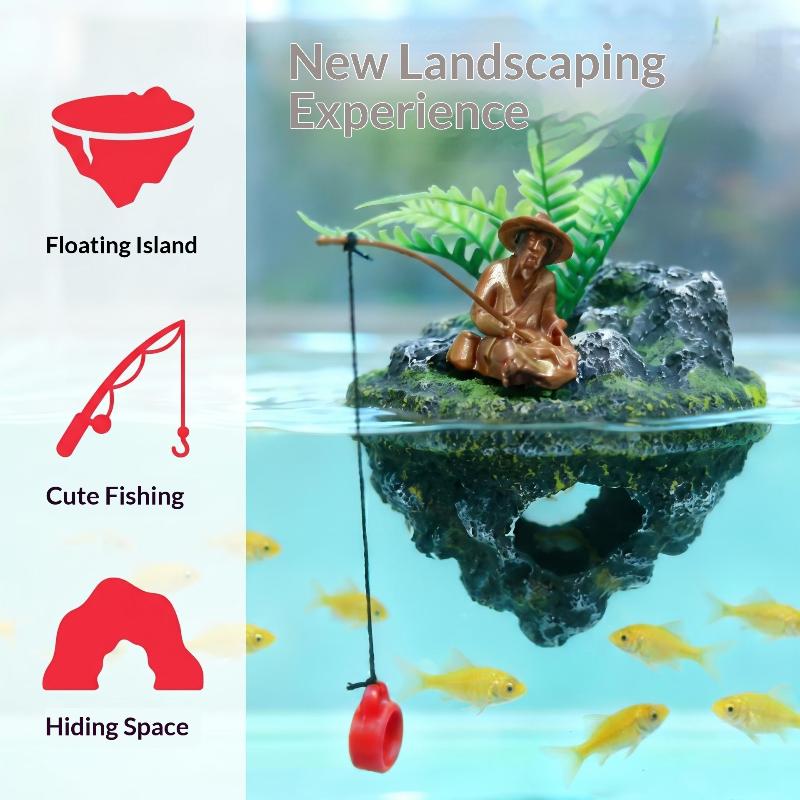 Mini Resin Fishing Man Aquarium Statue Creative Floating Island Artificial Landscape Ornament for Small Fish Tank Decor