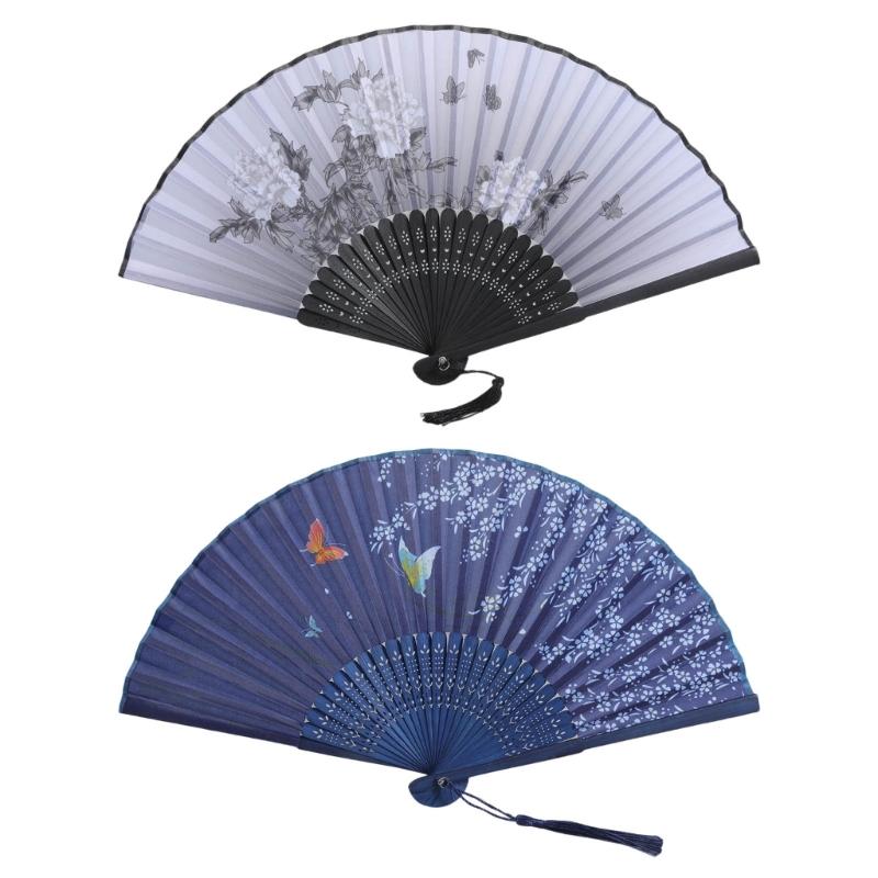Blumen Handfaltfächer Handgehaltener Seiden-Bambusfächer mit Quasten Hohlgebohrter Handfaltfächer für Tanz Hochzeitsdekorationen