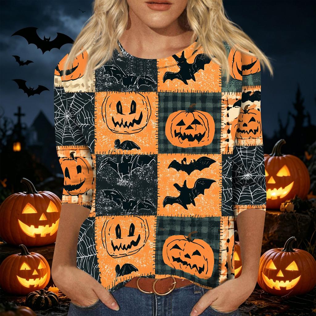 Womens Casual Halloween Print Pullover Shirt Three Quarter Sleeve Round Neck Top Lightweight Comfortable Fabric
