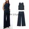 Metal Button Sleeveless Denim Silm Vest 3777225 Mid Waist Wide Leg Leisure Denim 3777223