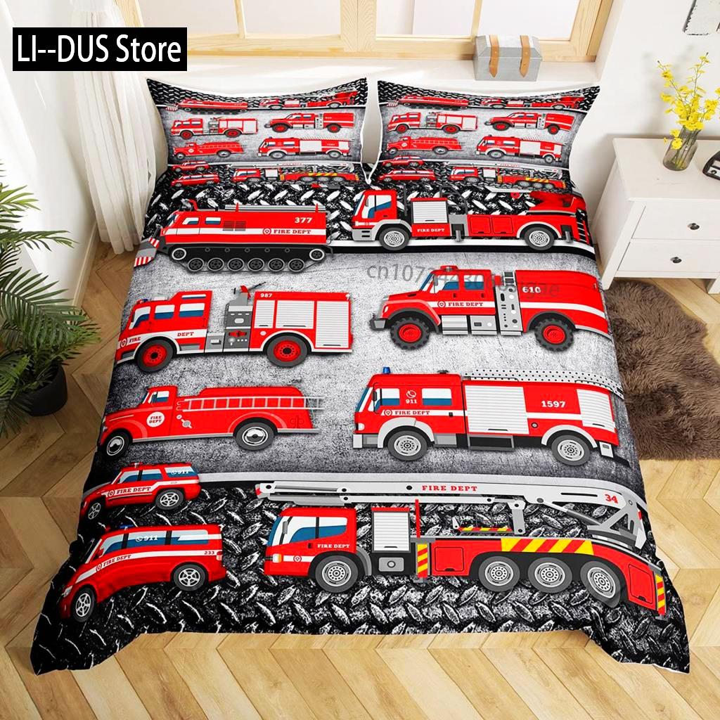 Fire Truck Duvet Cover Set Twin Size Red Firemen Car Vehicle Bedding Set Fire Engine Pattern For Boys Tire Printing Quilt Cover