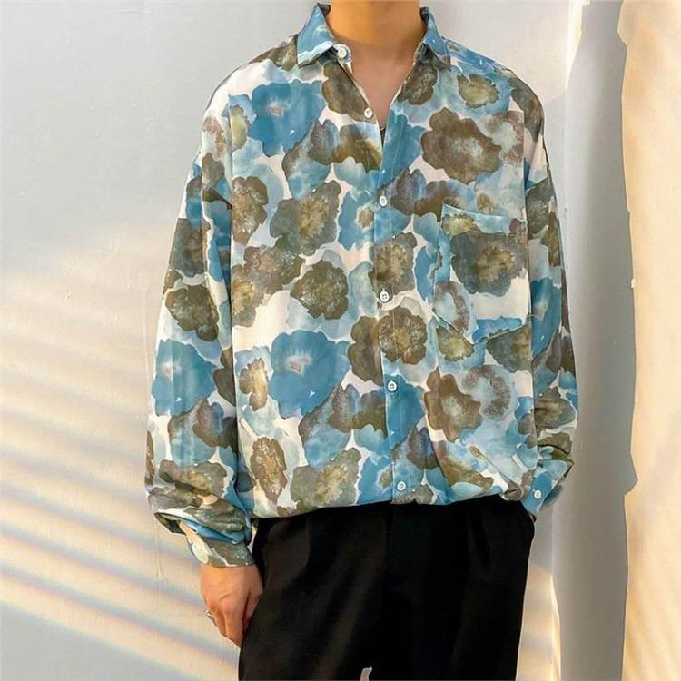 Retro Hong Kong Style Men's Floral Shirt Casual All-Match Jacket Japanese Korean Style Trendy Spring Autumn Fashion