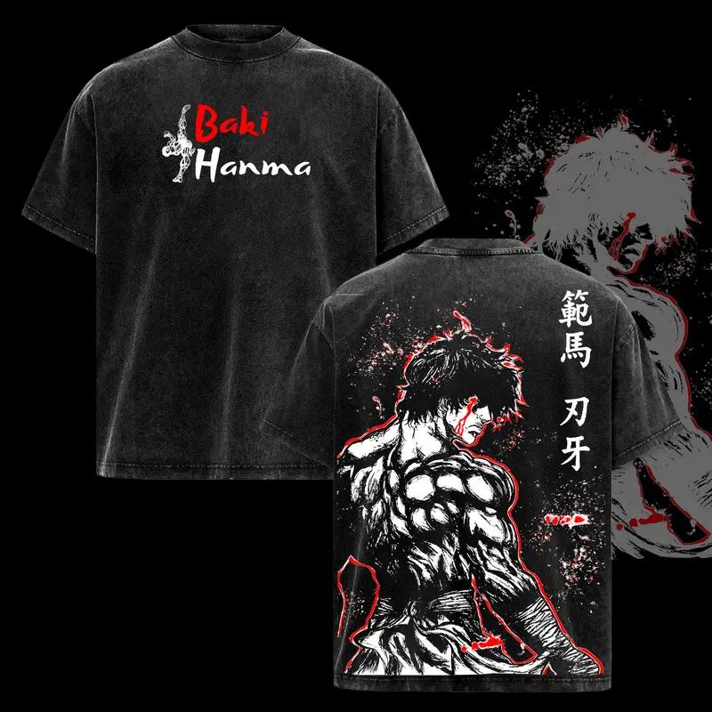 Anime BAKI Hanma Baki Printed Tee Men Women Short Sleeve Cotton Tshirts Vintage Washed T-shirt Harajuku Male Oversized T Shirt
