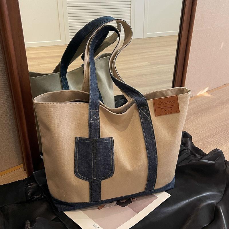 

Splicing Denim Canvas Shoulder Bag, Women s Large Capacity Casual Tote Bag, Student Handbag, Fashionable Commuting Bag