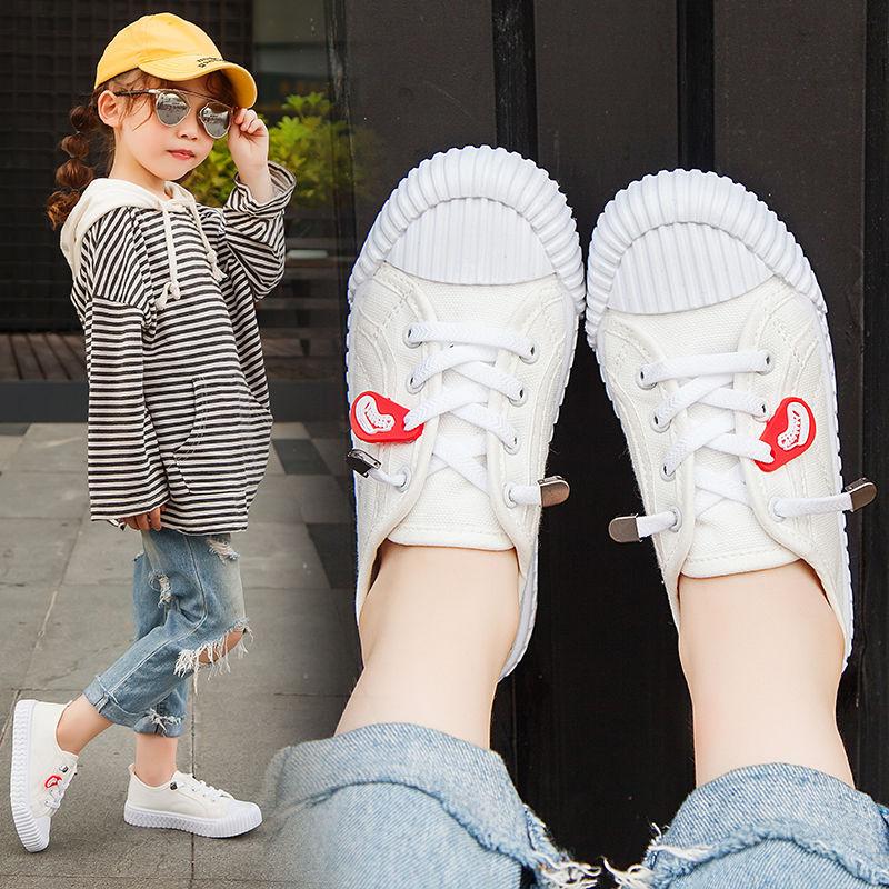 White Sneakers Children's Canvas Shoes Lace Up Korean Kids Shoes Flats Boys Girls Slip On Loafers Toddler Plimsolls Big Size 35