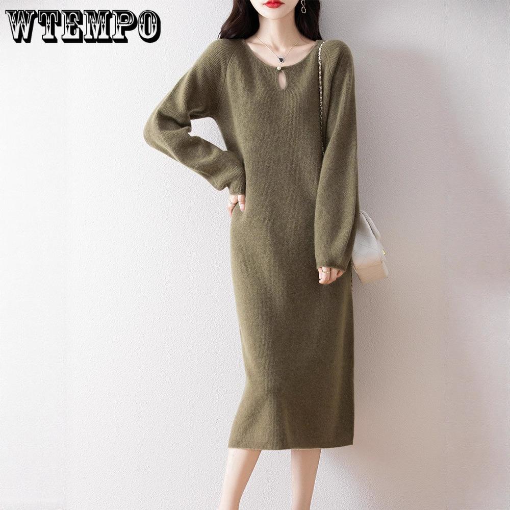 Knitted Straight Dress for Women Long-sleeved Casual Long Sweater Dress Solid Color Round Neck Pullover for Autumn and Winter