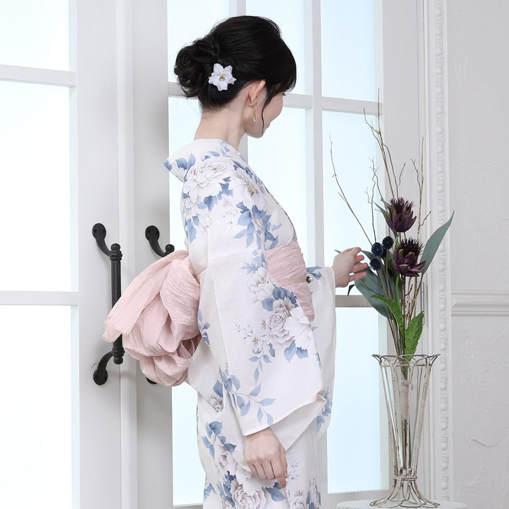 Kyoto Kimono Yuzen Women's Yukata and Obi Set, 2-Piece Floral Summer Kimono (Ivory with Peony)