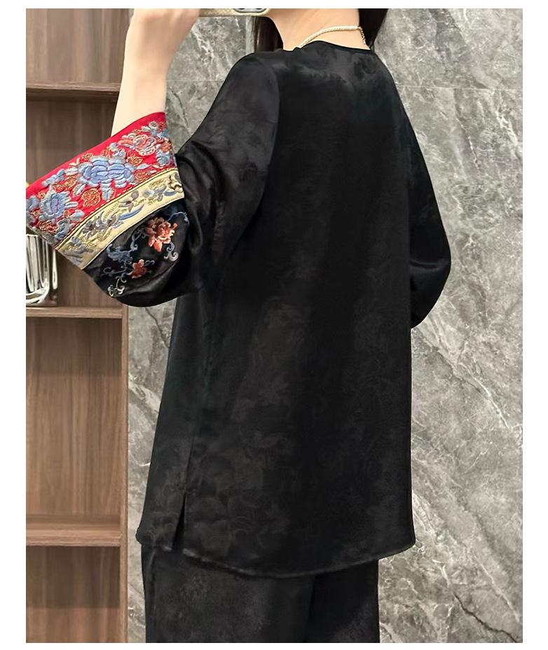 Rong Tai Women's 2026 Spring Frog Button Silk Jacquard Long Sleeve Shirt - Slimming Chinese Style Top