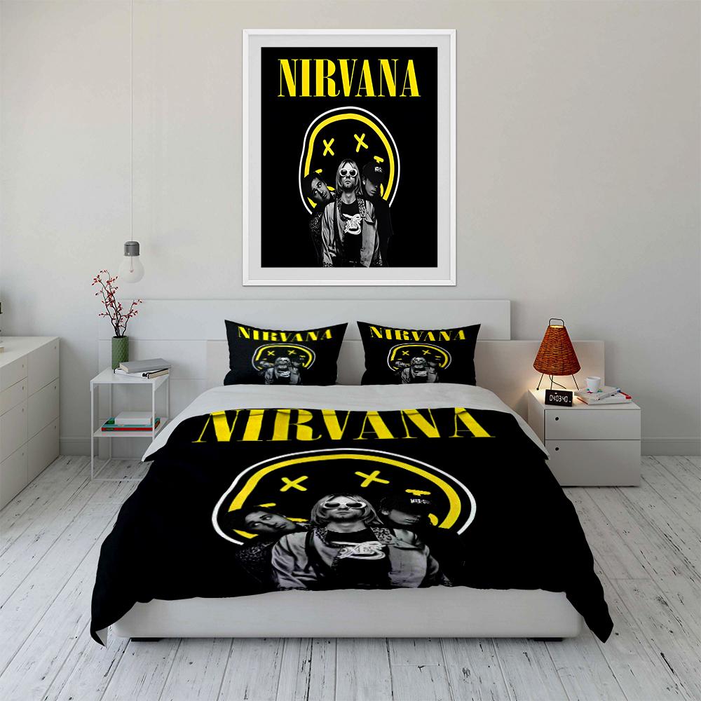 Set Biancheria da Letto Trapuntato Nero Banda Nirvana (1 copripiumino, 2 federe, piumino non incluso)
