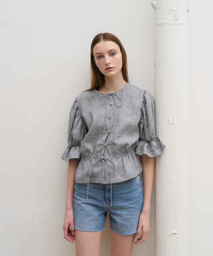 Hiloin Linen Blend Shirred Waist Blouse (Gray)