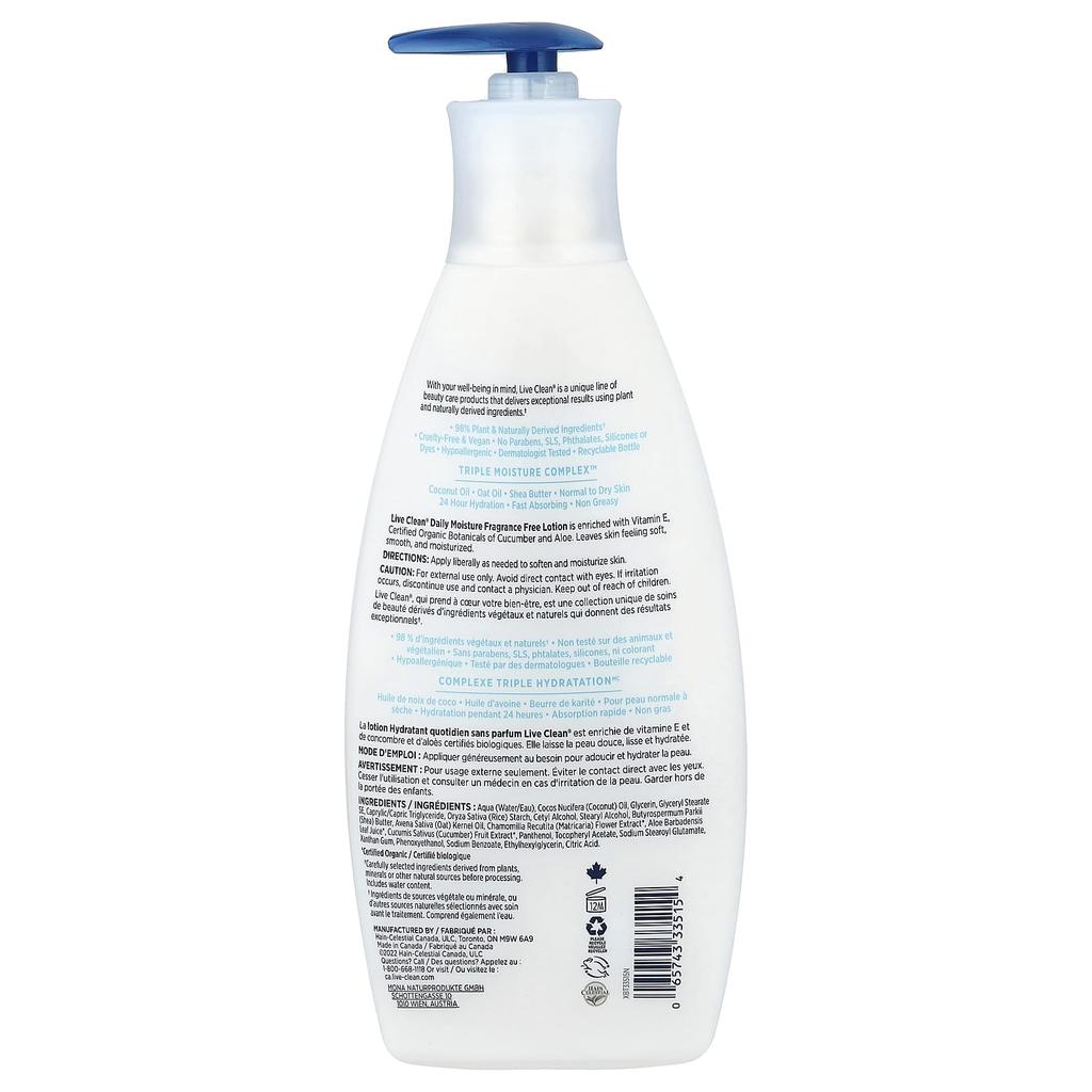 Live Clean, Daily Moisturizing Body Lotion, Fragrance Free, 532 Ml (18 Fl Oz)