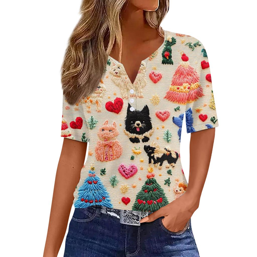 Damska Koszulka T-shirt Walentynkowy Nadruk Guzik Krótki Rękaw Tunika Codzienna Weekendowa Moda Podstawowy Dekolt V Regularny Top